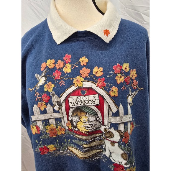 Vintage Blue Graphic Sweatshirt Womens XL Cute Cat Dog Autumn Fall Scene - Picture 3 of 5